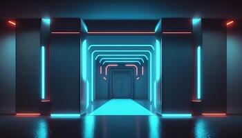 AI Generated Futuristic portal. Science fiction podium, pedestal, platform. Modern empty cyberpunk space. Technological background. Sky-fi digital hi-tech elements for presentation product. AI photo