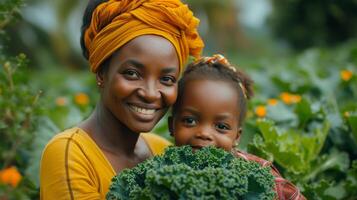 AI Generated Happy single mother picking fresh vegetables with her daughter. Cheerful young mother showing her daughter fresh kale from a garden. Self-sufficient family gathering food. photo