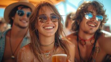 ai generado el foto muestra un grupo de joven personas disfrutando frío cerveza a un verano festival acampar, reír, charlando, y teniendo divertido juntos.