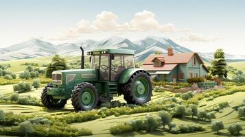 ai generado tierras de cultivo con cultivos y tractor aislado en blanco antecedentes. 3d hacer de un prado paisaje con maquinaria. inteligente agricultura y moderno granja negocio concepto. foto