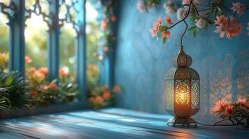 AI Generated The Iranian traditional lantern light lamp and the Tasbeeh are displayed in the background along with the iftar image in light blue colour, and the Ramadan Kareem Mubarak 3D background. photo