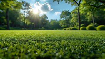 AI Generated In this blurry background image of spring nature, a neatly trimmed lawn is surrounded by trees against a blue sky with clouds. photo