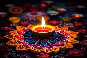 ai generado contento diwali - vistoso arcilla diya lamparas iluminado durante diwali celebracion con Copiar espacio foto
