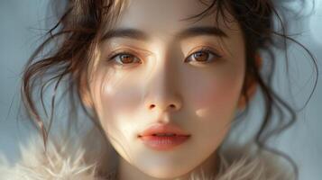 AI Generated Stunning cropped photo of skincare and cosmetics concept with copy space for text. Portrait of a beautiful Asian girl touching her healthy skin.