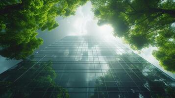 AI Generated Green building. Eco-friendly building. Office with green environment. Glass office building reduces CO2. Safe glass building. photo