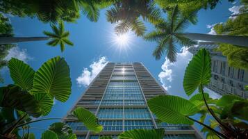 ai generado un ángulo Disparo de el Singapur rascacielos jardín ciudad desde un bajo ángulo foto