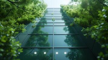 AI Generated This green office building has trees to reduce the amount of carbon dioxide in it. This glass office building has a green environment for reducing the amount of carbon dioxide in it. This photo