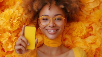 AI Generated A young, overjoyed millennial woman standing isolated over an orange background reacts to a great mobile offer. Excited Lady Pointing Finger At Smartphone In Her Hand. photo
