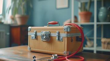 AI Generated On a blue background, a model of an airplane is seen on a suitcase and a red stethoscope was attached to it. The theme is travel insurance, medical tourism, and healthcare. photo