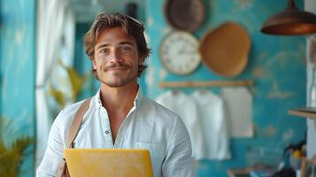 AI Generated Isolated on blue, a portrait of a young modern businessman standing holding a laptop and smiling at the camera photo