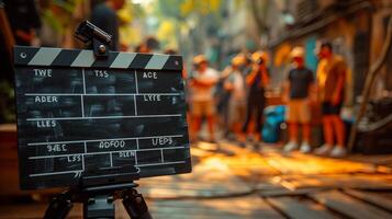 AI Generated Your story. Handwriting on clapperboard or slate. Studio crew working. photo
