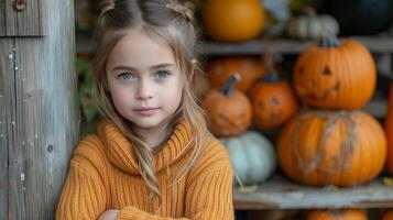 AI Generated A cute little girl ages 5-6 is gathered around different crafted Halloween decorations. It's easy and fun to do with children, DIY for Halloween concept. photo