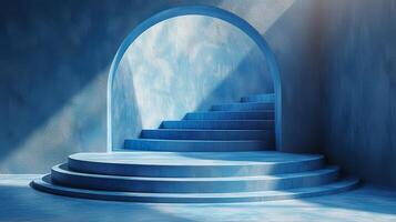 AI Generated A blue background with shadows and light to display a product. Empty podiums. Mockup. photo