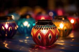 AI Generated Happy Diwali - Colorful clay diya lamps lit during diwali celebration with copy space photo