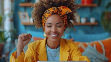 AI Generated An african person with a tablet and fist pump on a blue background. Online news, competition and giveaway prize in a studio for a success story. photo