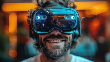 AI Generated An example of 3D technology, virtual reality, entertainment, cyberspace, and people concept - a happy young man wearing a virtual reality headset or 3D glasses photo