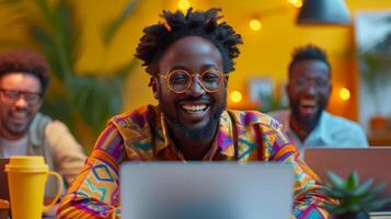 AI Generated An excited, happy African-American man can be seen looking at the screen of his laptop computer and celebrating the win against a yellow background. photo