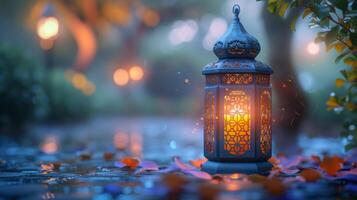 AI Generated Inviting you to the Muslim holy month of Ramadan Kareem with an ornamental Arabic lantern and a burning candle. photo