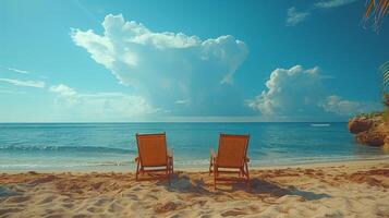 AI Generated Holiday and vacation concept for tourism. Chairs on the sandy beach. Tropical scenery. photo