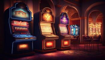 AI Generated Slot machines.Web banner for game design, flyer, poster, banner, online casino advertising. AI photo