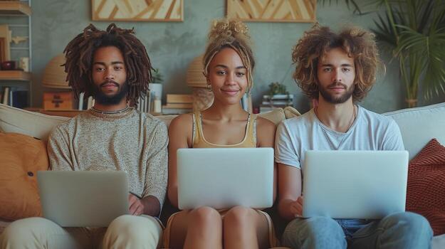 AI Generated Using modern gadgets on the couch, a group of hipsters sit together. A business startup with a friendship teamwork concept. Creative people working together in order to sell a product. A photo