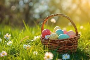 AI Generated Easter basket with colored eggs photo