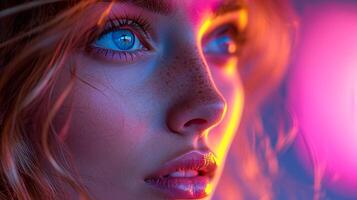 Young beautiful girl with magenta neon lighting. photo