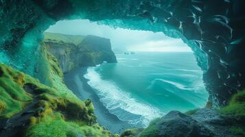 AI Generated During a trip through Iceland, an unrecognizable traveler stands in a cave admiring the green majestic polar lights photo