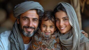 ai generado familia de Tres teniendo divertido juntos a hogar en un alegre medio oriental estilo foto