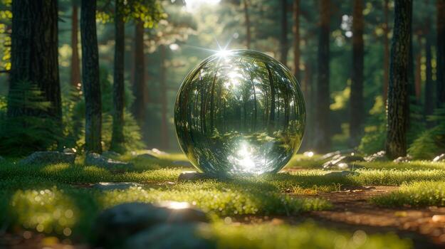 AI Generated Globe Glass In A Green Forest With Sunlight - An Environmental Concept photo