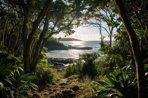 ai generado el paisaje de el mar mediante arboles y vegetación foto