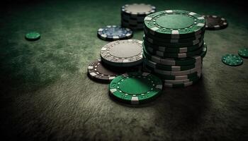 AI Generated Poker chips.Web banner for game design, flyer, poster, banner, online casino advertising. AI photo