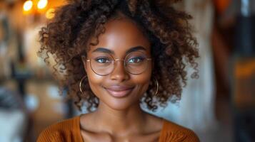 AI Generated Angry black woman with glasses using cellphone reading good news, browsing shopping online, isolated on grey studio background. photo
