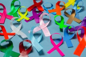 mundo cáncer día. vistoso cintas, cáncer conciencia, azul antecedentes. internacional agencia para investigación en cáncer foto