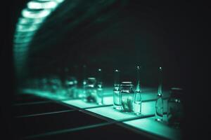 The concept of clandestine drug production. Liquid in ampoules in an endless row of conveyors. Theft of drugs in the enterprise. artistic dark filter. low key photo