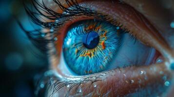ai generado cerca arriba de ojo detallado macro fotografía de retina y visión de humano globo ocular. foto