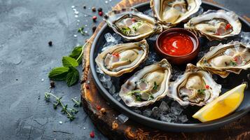 AI generated Fresh Oysters with Lemon and Sauce photo