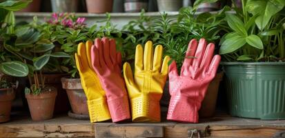 ai generado jardinería guantes con plantas en un de madera mesa, en el estilo de amarillo y rosado foto