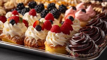 AI generated A tray of delicate pastries, each one a miniature work of art adorned with frosting, glaze, or fresh fruit photo