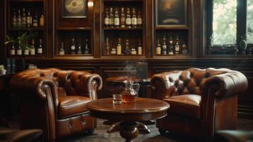 AI generated A sophisticated cigar lounge, with leather chairs and mahogany tables providing the perfect setting for whiskey tastings. photo