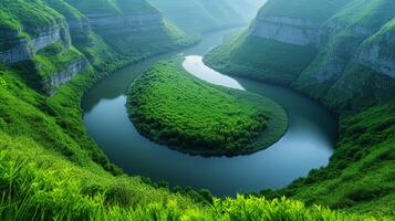 AI generated A tranquil river winding through a verdant valley photo