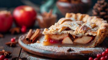 ai generado un rebanada de hecho en casa manzana tarta, escamoso corteza de plataforma oferta rebanadas de condimentado con canela fruta. foto