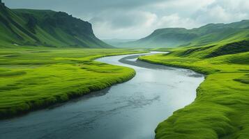 ai generado un tranquilo río devanado mediante un verde Valle foto
