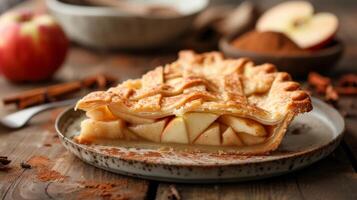 AI generated A slice of homemade apple pie, flaky crust cradling tender slices of cinnamon-spiced fruit. photo