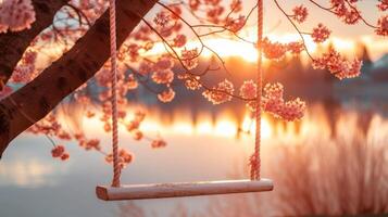 AI generated A white rope swing hangs on a blossoming pink sakura branch photo