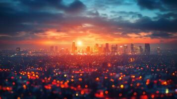 ai generado un vibrante ciudad horizonte iluminado con deslumbrante luces en contra el noche cielo. foto