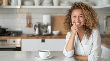 ai generado un mujer con Rizado pelo bebidas café mientras sentado a un blanco mesa en su moderno cocina. foto