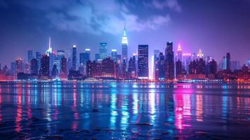 ai generado un vibrante ciudad horizonte iluminado con deslumbrante luces en contra el noche cielo. foto