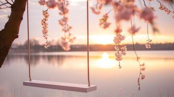 AI generated A white rope swing hangs on a blossoming pink sakura branch photo