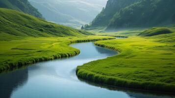 ai generado un tranquilo río devanado mediante un verde Valle foto